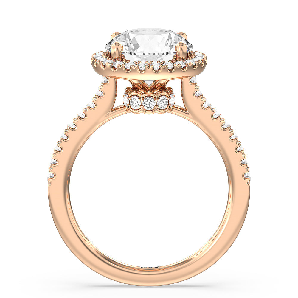 Halo And Scalloped Hidden Halo Cathedral Engagement Ring with Round Cut Diamond in 14KT Rose Gold view 2
