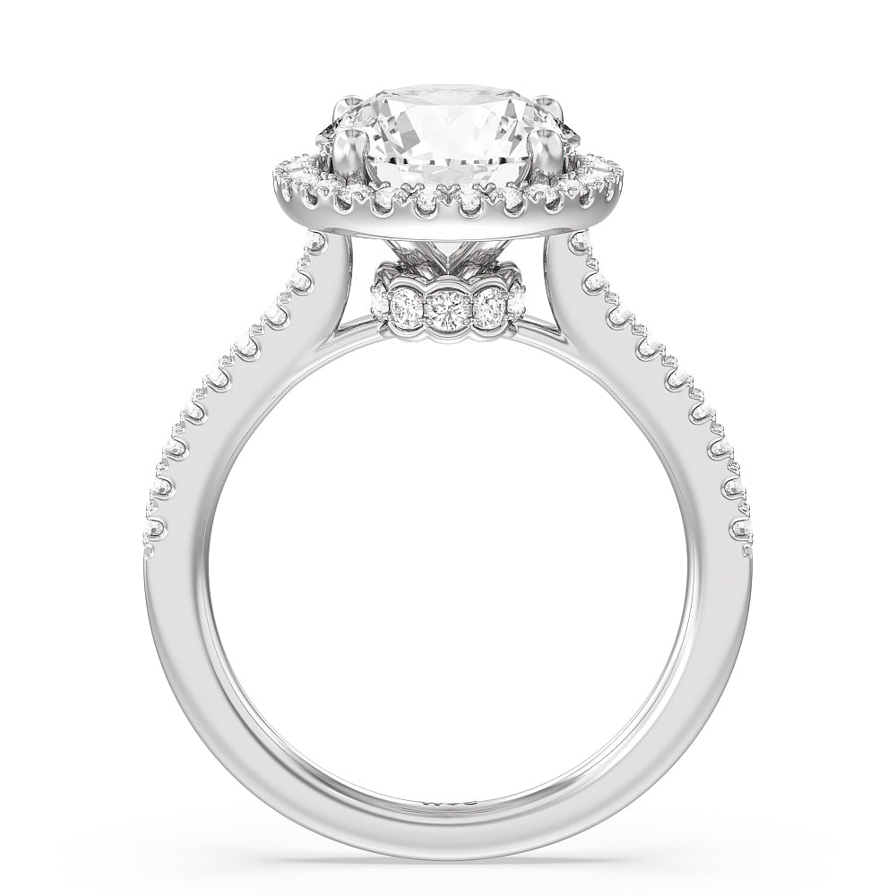 Halo And Scalloped Hidden Halo Cathedral Engagement Ring with Round Cut Diamond in 14KT Platinum view 2
