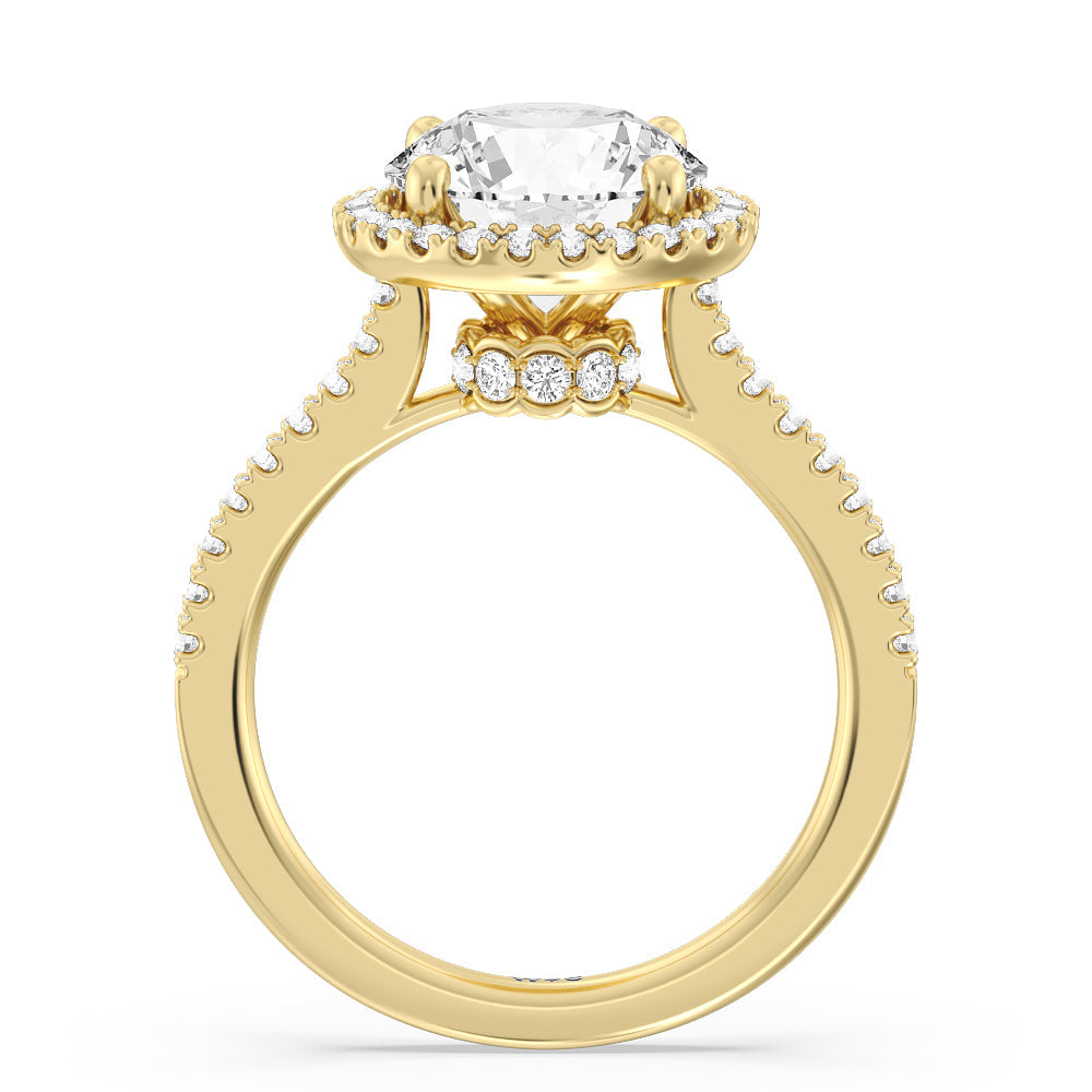 Halo And Scalloped Hidden Halo Cathedral Engagement Ring with Round Cut Diamond in 14KT Yellow Gold view 2
