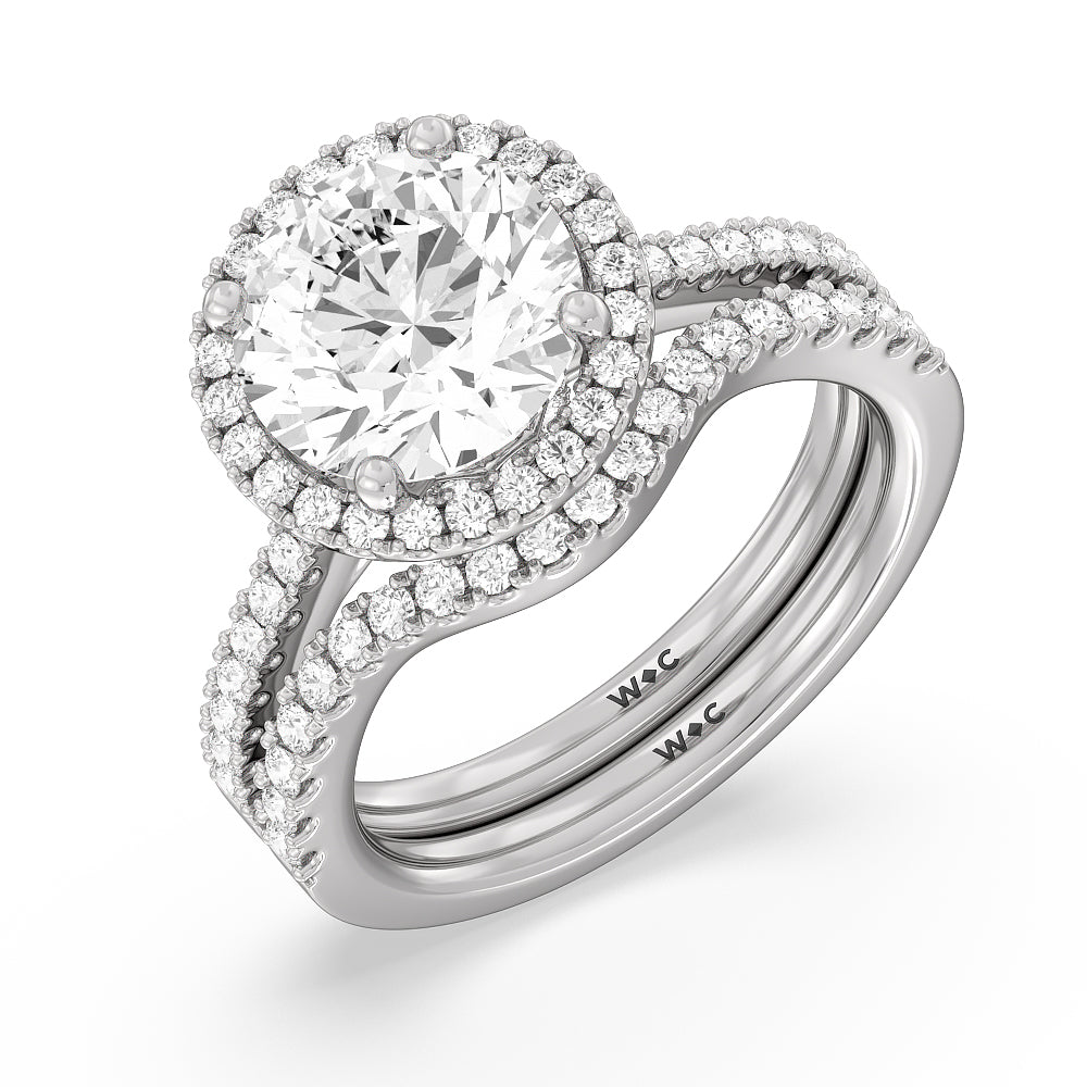 Halo And Scalloped Hidden Halo Cathedral Diamond Wedding Band with Platinum Cut Diamond in 14KT Platinum view 3
