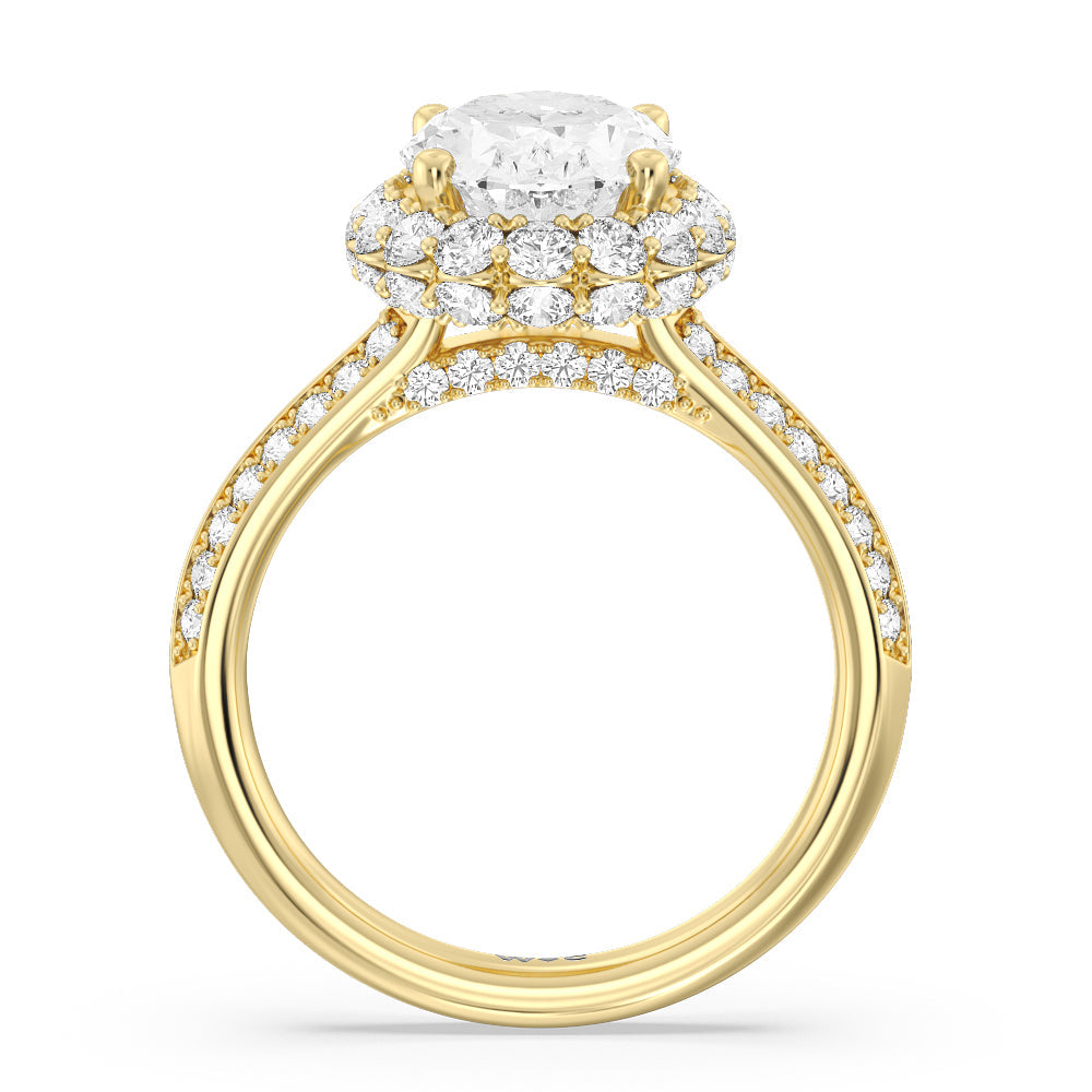 Oval Cut Knife Edge Scalloped Hidden Halo Engagement Ring with Lab Grown Diamond in 14KT Yellow Gold view 2
