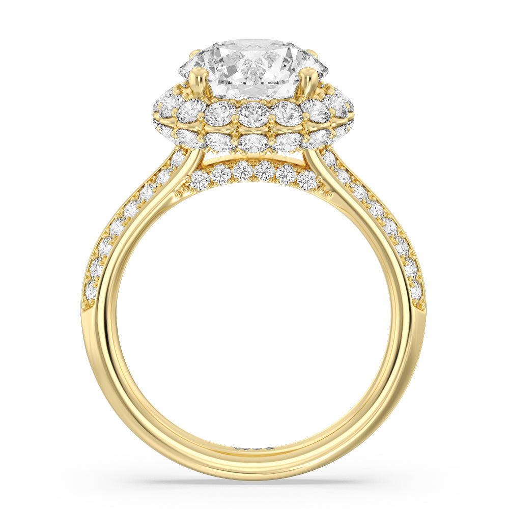 Round Cut Knife Edge Scalloped Hidden Halo Engagement Ring with Lab Grown Diamond in 14KT Yellow Gold view 2
