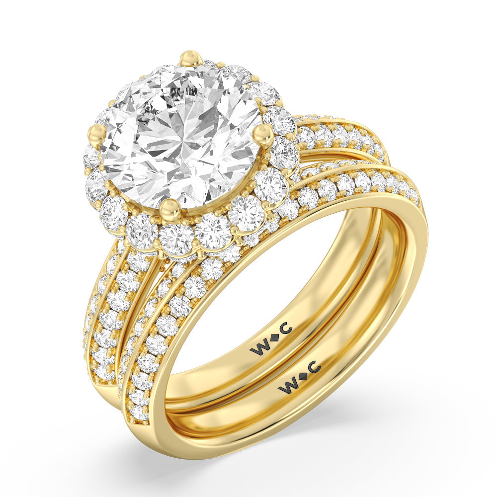 Knife Edge Scalloped Hidden Halo Diamond Wedding Band with 18KT Yellow Gold Cut Diamond in 14KT Yellow Gold view 3
