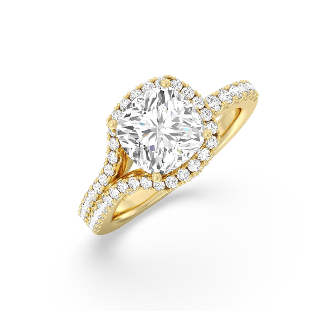 Ascending Wrap-Around Hidden Halo Engagement Ring with Cushion Cut Diamond in 14KT Yellow Gold view 3
