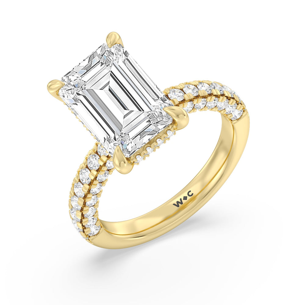 Stately Pave Side Stone Ring with Emerald Cut Diamond in 14KT Yellow Gold view 3
