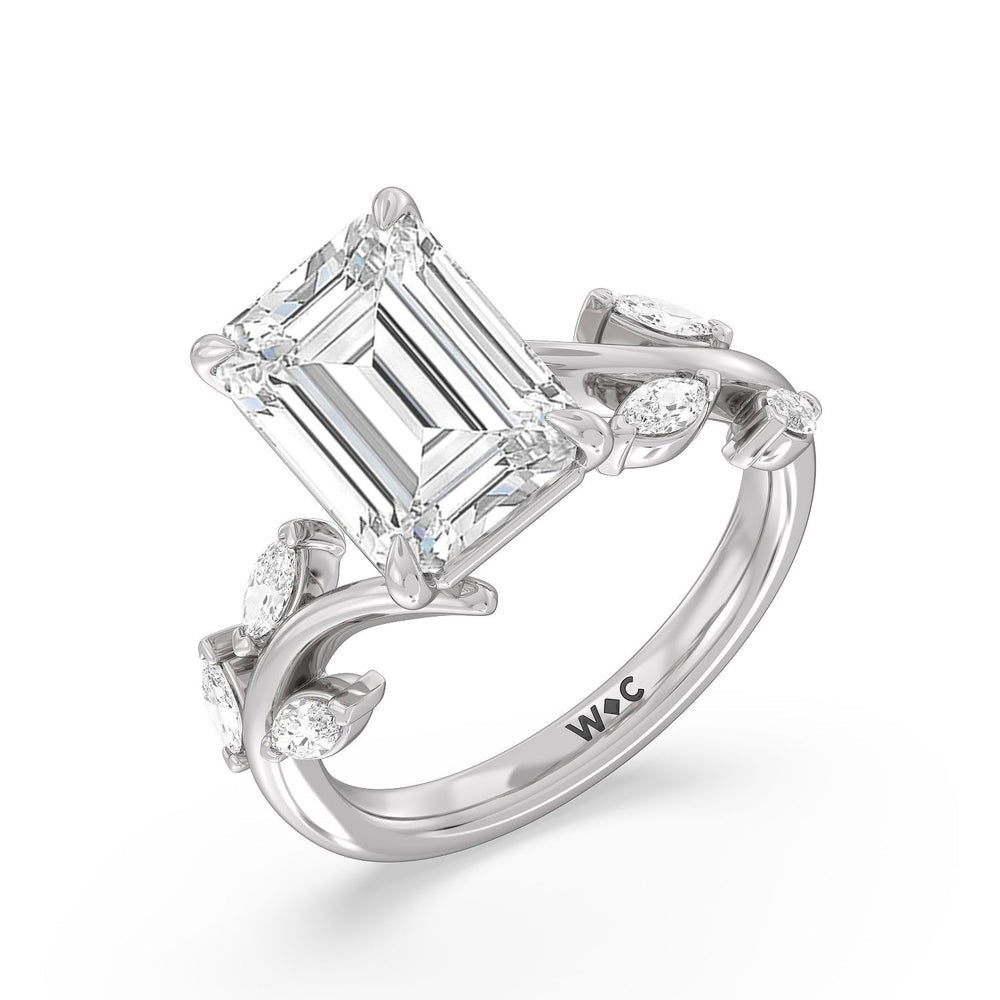 Noble Romantic Vine Ring with Emerald Cut Diamond in 14KT Platinum view 3
