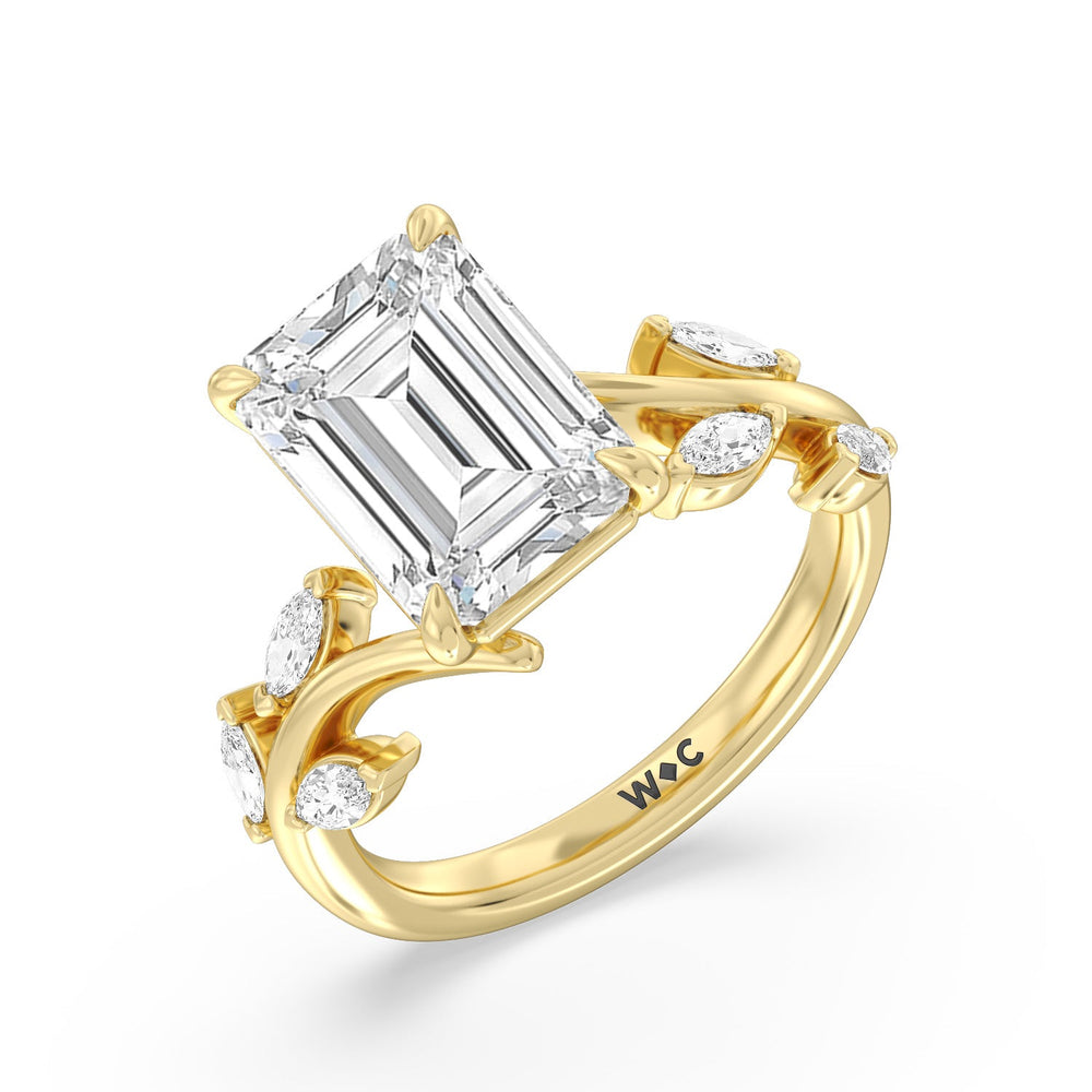 Noble Romantic Vine Ring with Emerald Cut Diamond in 14KT Yellow Gold view 3

