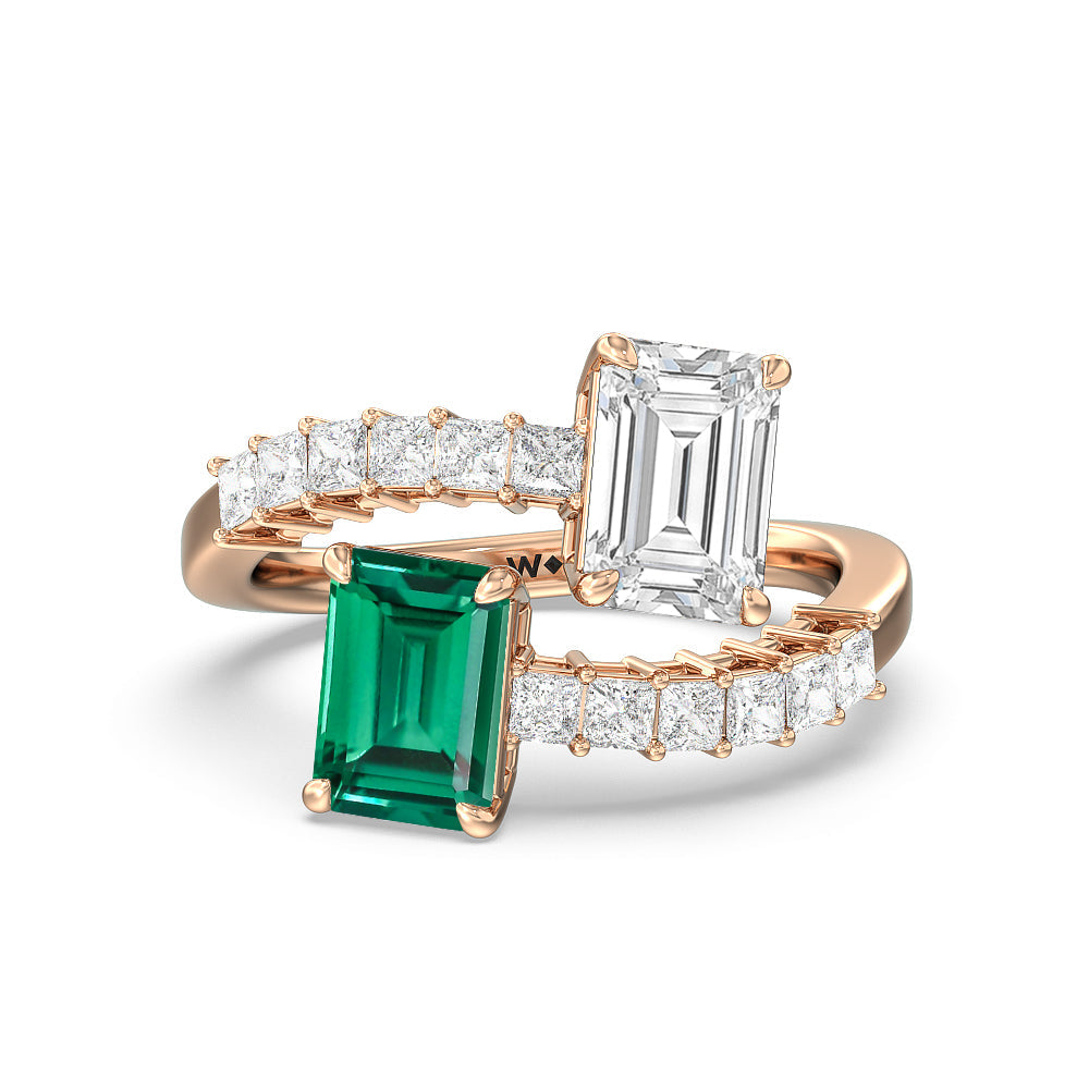 Toi et Moi Bypass Created Emerald and Emerald Shape Studded Engagement Ring with 14KT Rose Gold Cut Diamond in 14KT Rose Gold view 1

