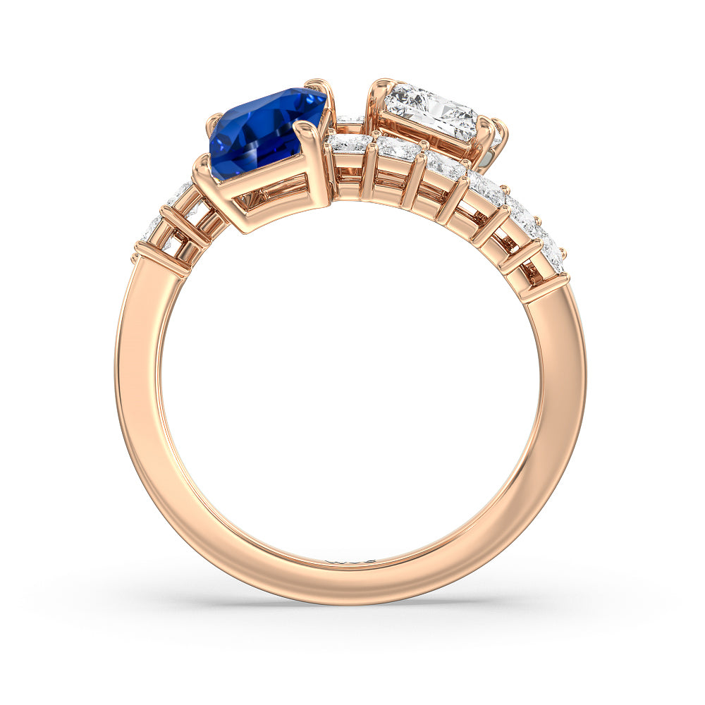Toi et Moi Bypass Created Sapphire and Emerald Studded Engagement Ring with 14KT Rose Gold Cut Diamond in 14KT Rose Gold view 3
