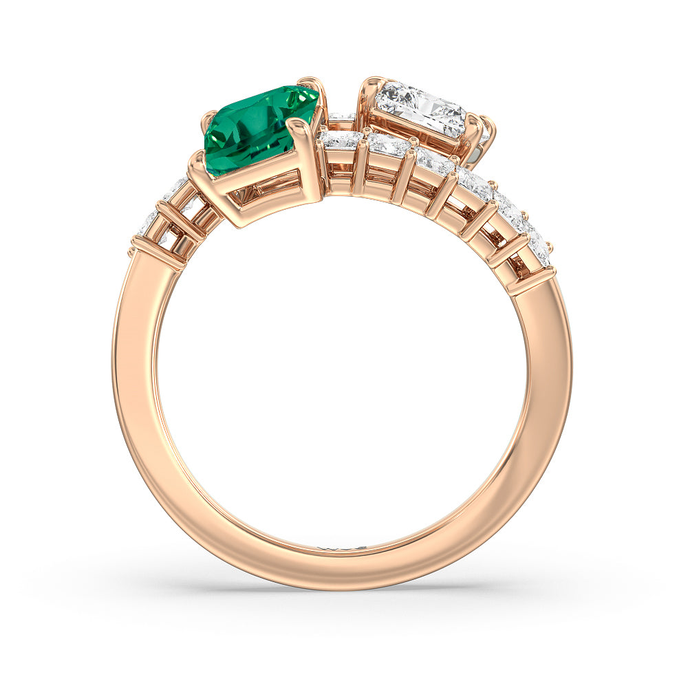 Toi et Moi Bypass Created Emerald and Emerald Shape Studded Engagement Ring with 14KT Rose Gold Cut Diamond in 14KT Rose Gold view 3
