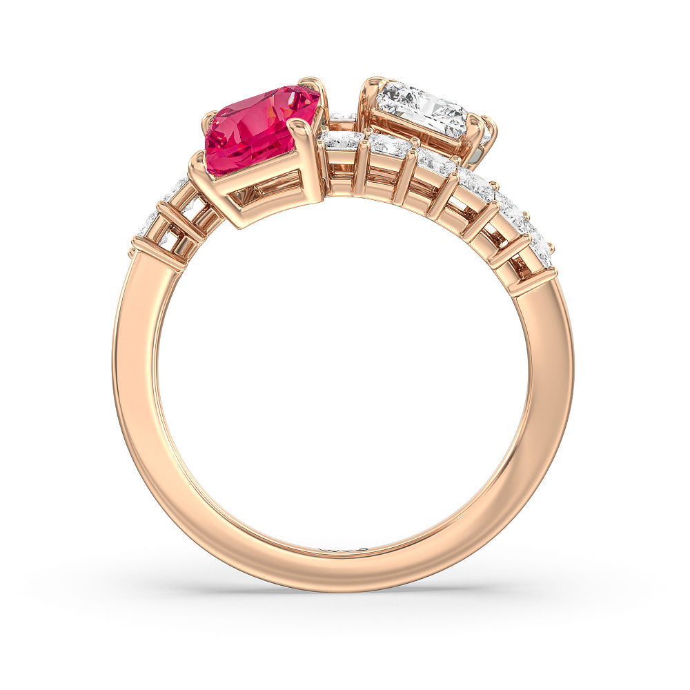 Toi et Moi Bypass Created Ruby and Emerald Studded Engagement Ring with 14KT Rose Gold Cut Diamond in 14KT Rose Gold view 3
