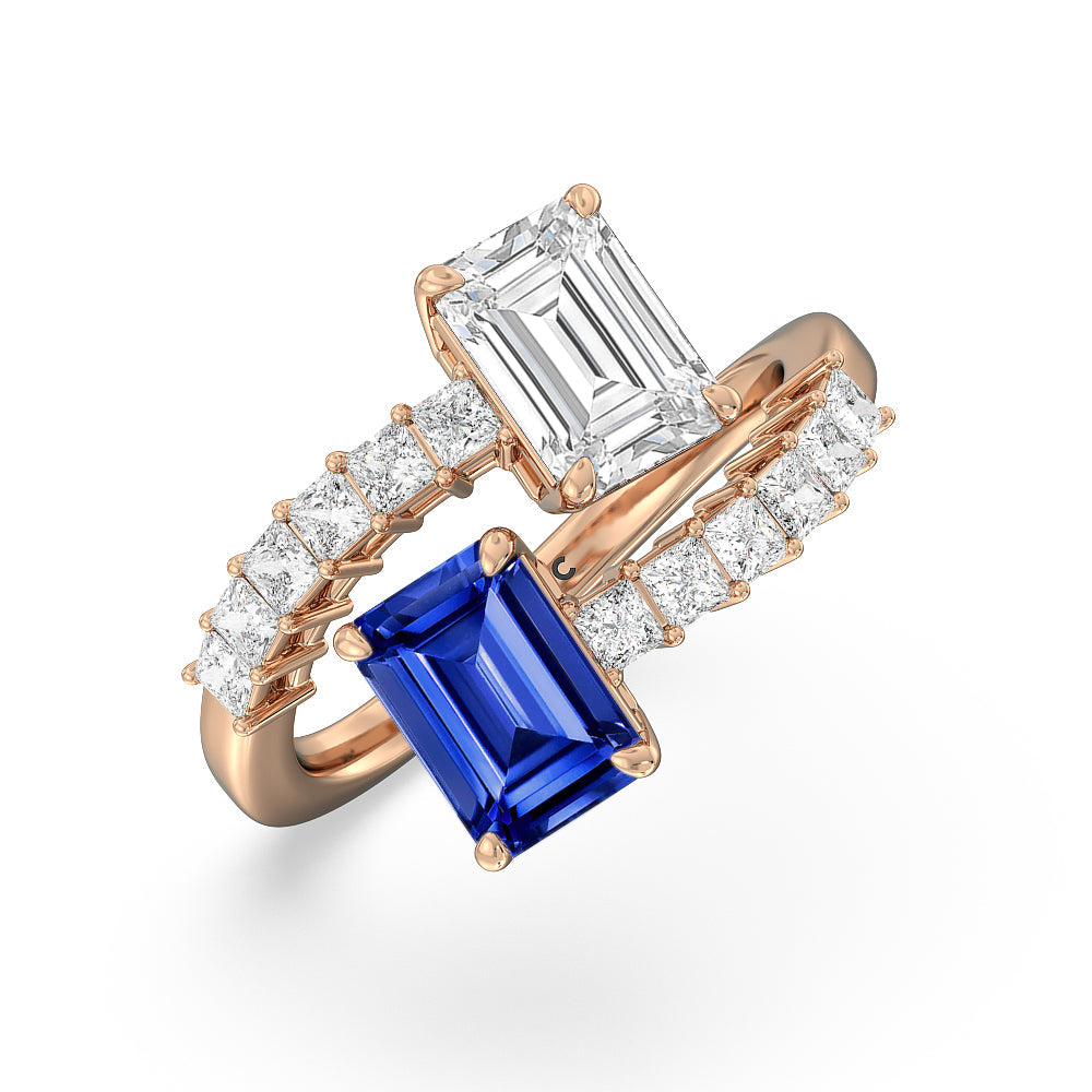 Toi et Moi Bypass Created Sapphire and Emerald Studded Engagement Ring with 14KT Rose Gold Cut Diamond in 14KT Rose Gold view 2
