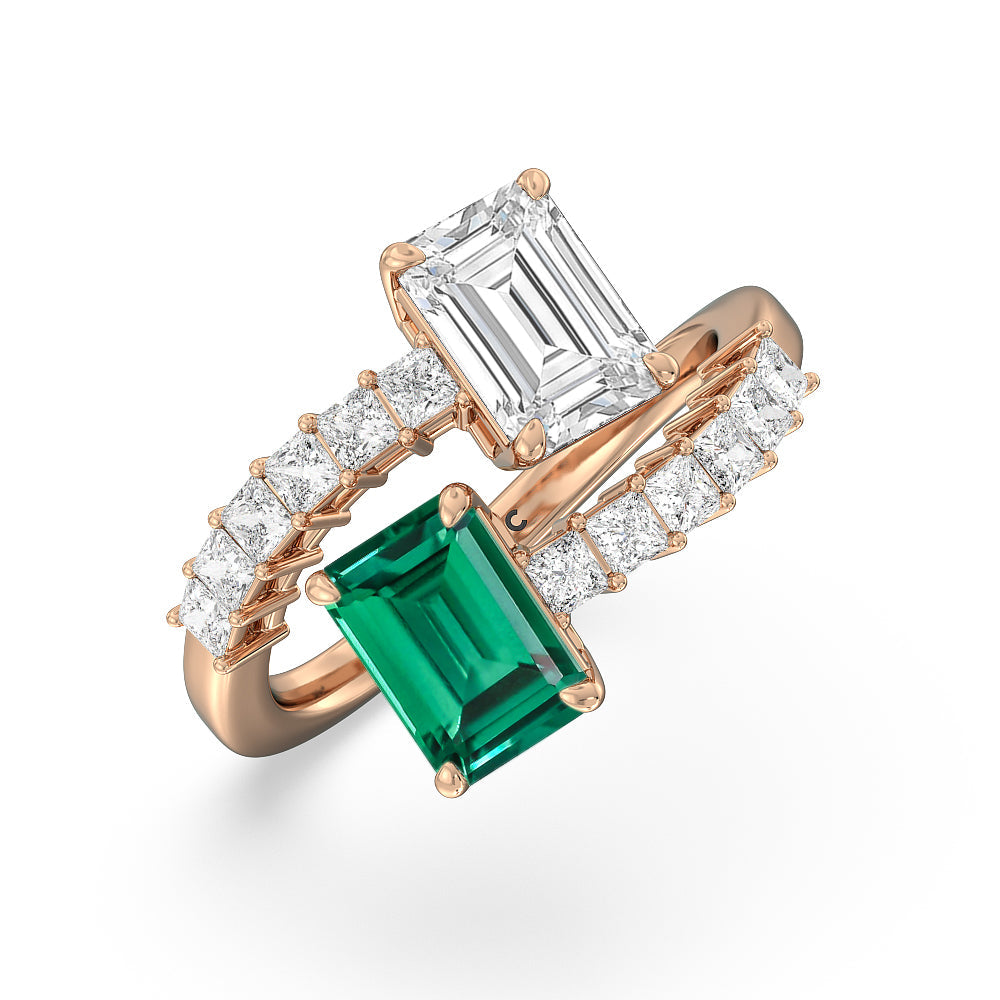 Toi et Moi Bypass Created Emerald and Emerald Shape Studded Engagement Ring with 14KT Rose Gold Cut Diamond in 14KT Rose Gold view 2
