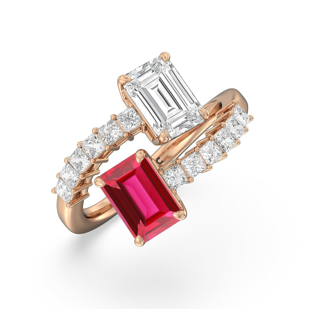 Toi et Moi Bypass Created Ruby and Emerald Studded Engagement Ring with 14KT Rose Gold Cut Diamond in 14KT Rose Gold view 2

