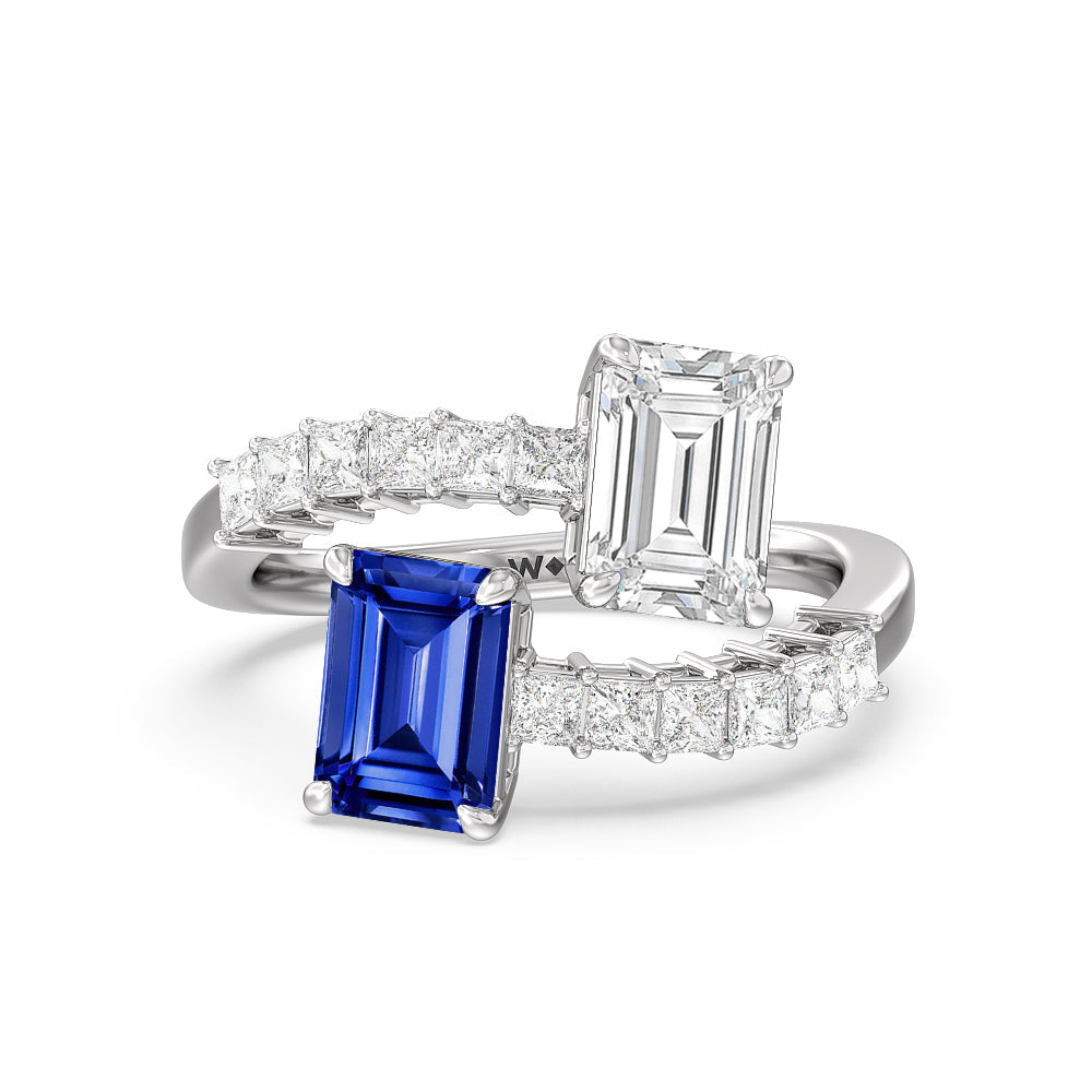 Toi et Moi Bypass Created Sapphire and Emerald Studded Engagement Ring with 14KT White Gold Cut Diamond in 14KT White Gold view 1
