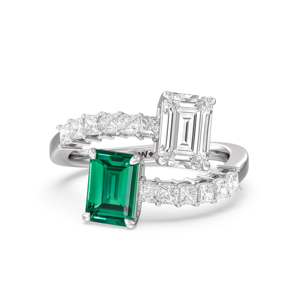 Toi et Moi Bypass Created Emerald and Emerald Shape Studded Engagement Ring with 14KT White Gold Cut Diamond in 14KT White Gold view 1
