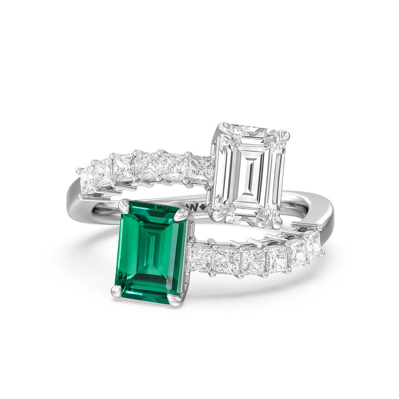 Toi et Moi Bypass Created Emerald and Emerald Shape Studded Engagement Ring