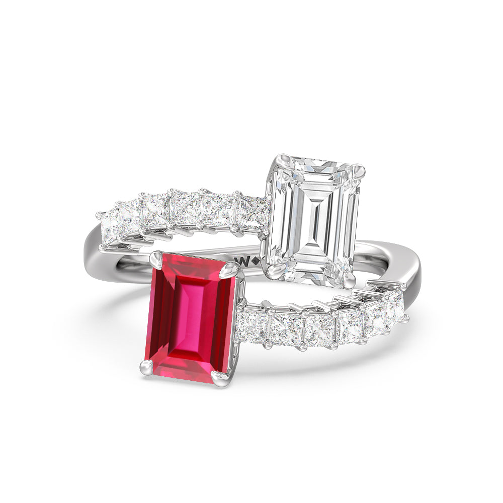 Toi et Moi Bypass Created Ruby and Emerald Studded Engagement Ring with 14KT White Gold Cut Diamond in 14KT White Gold view 1
