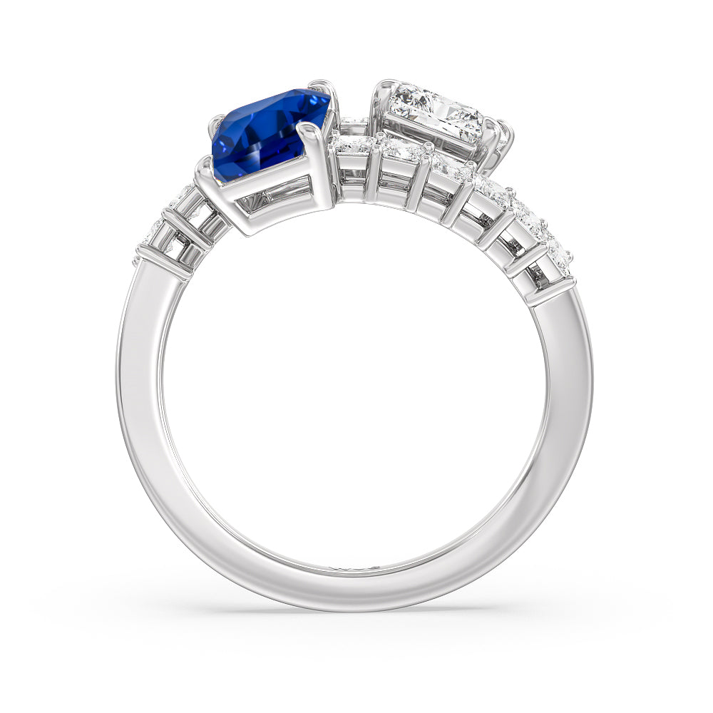 Toi et Moi Bypass Created Sapphire and Emerald Studded Engagement Ring with 14KT White Gold Cut Diamond in 14KT White Gold view 3
