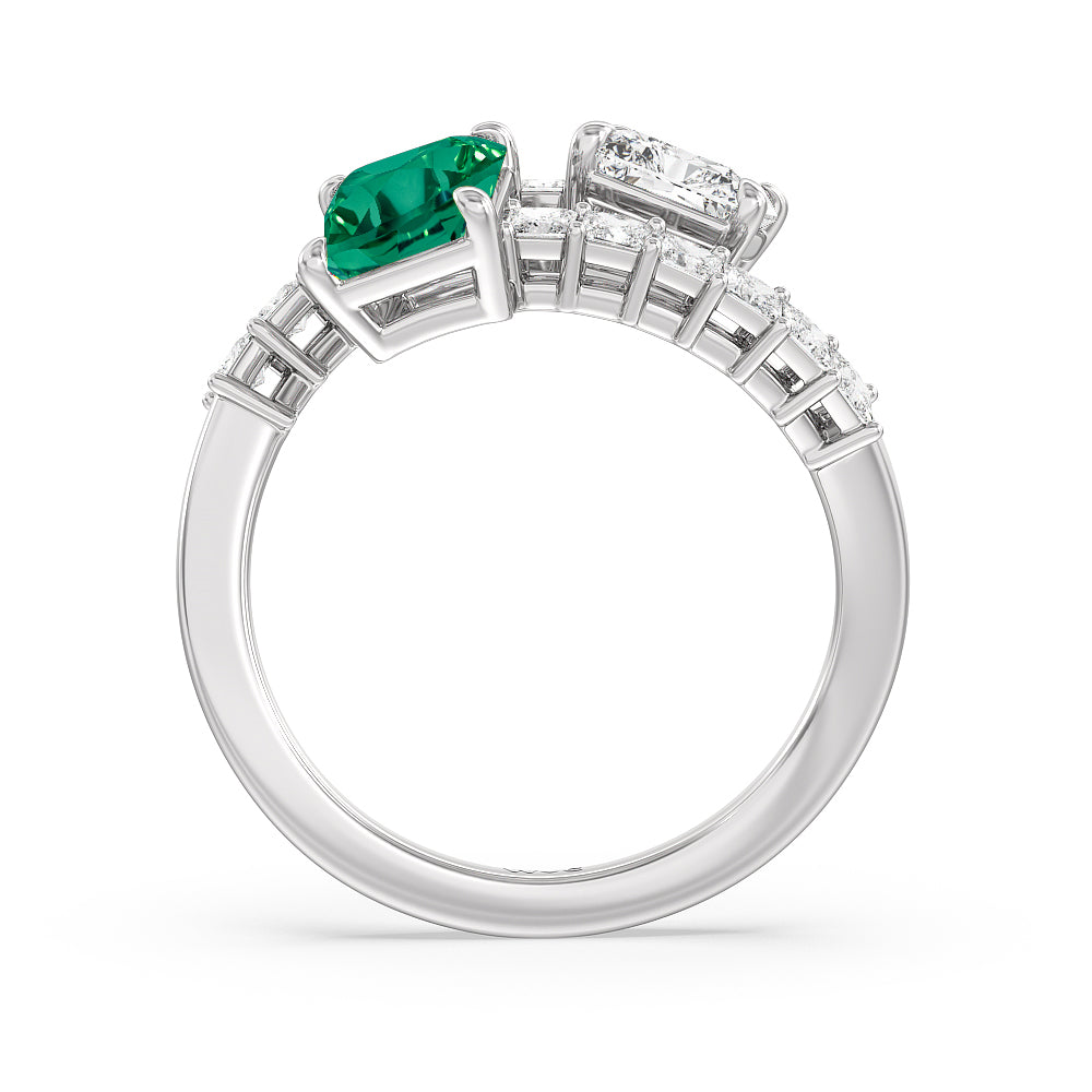 Toi et Moi Bypass Created Emerald and Emerald Shape Studded Engagement Ring with 14KT White Gold Cut Diamond in 14KT White Gold view 3
