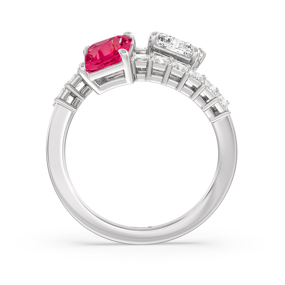 Toi et Moi Bypass Created Ruby and Emerald Studded Engagement Ring with 14KT White Gold Cut Diamond in 14KT White Gold view 3
