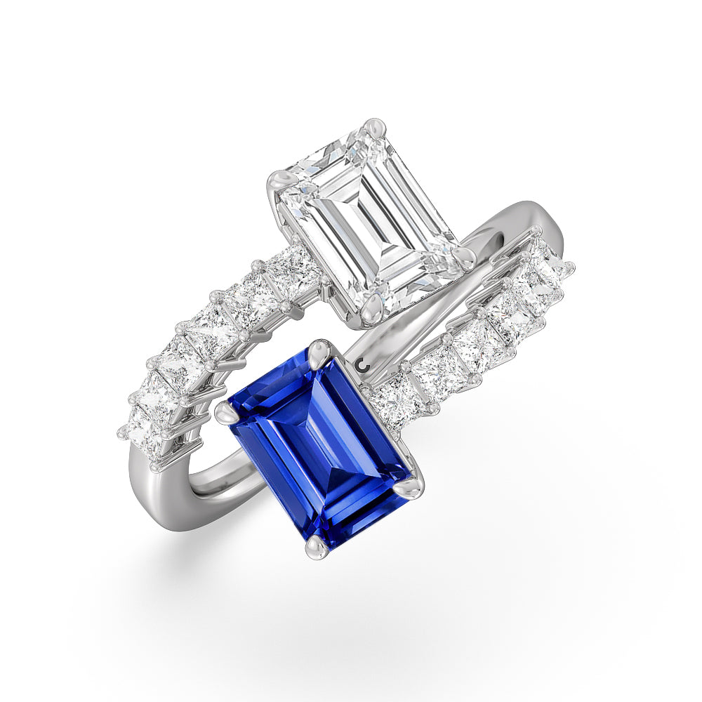 Toi et Moi Bypass Created Sapphire and Emerald Studded Engagement Ring with 14KT White Gold Cut Diamond in 14KT White Gold view 2
