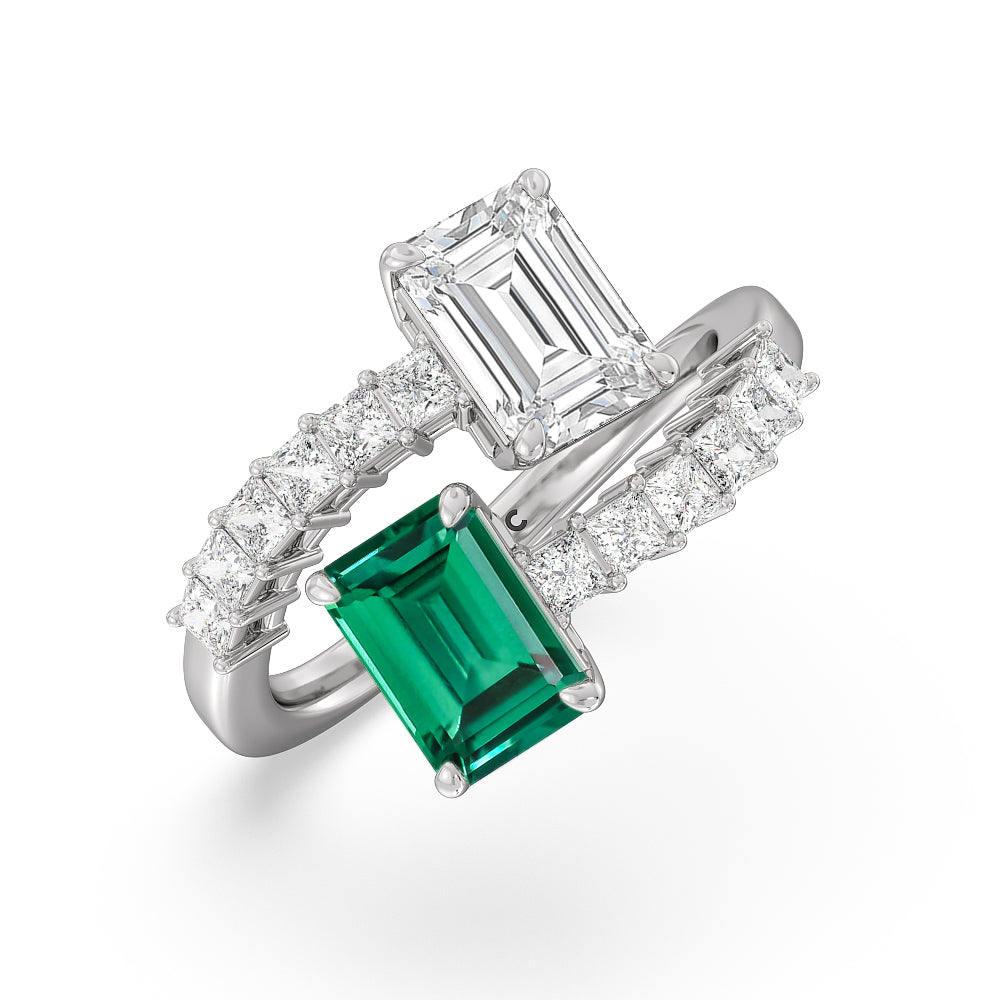 Toi et Moi Bypass Created Emerald and Emerald Shape Studded Engagement Ring with 14KT White Gold Cut Diamond in 14KT White Gold view 2
