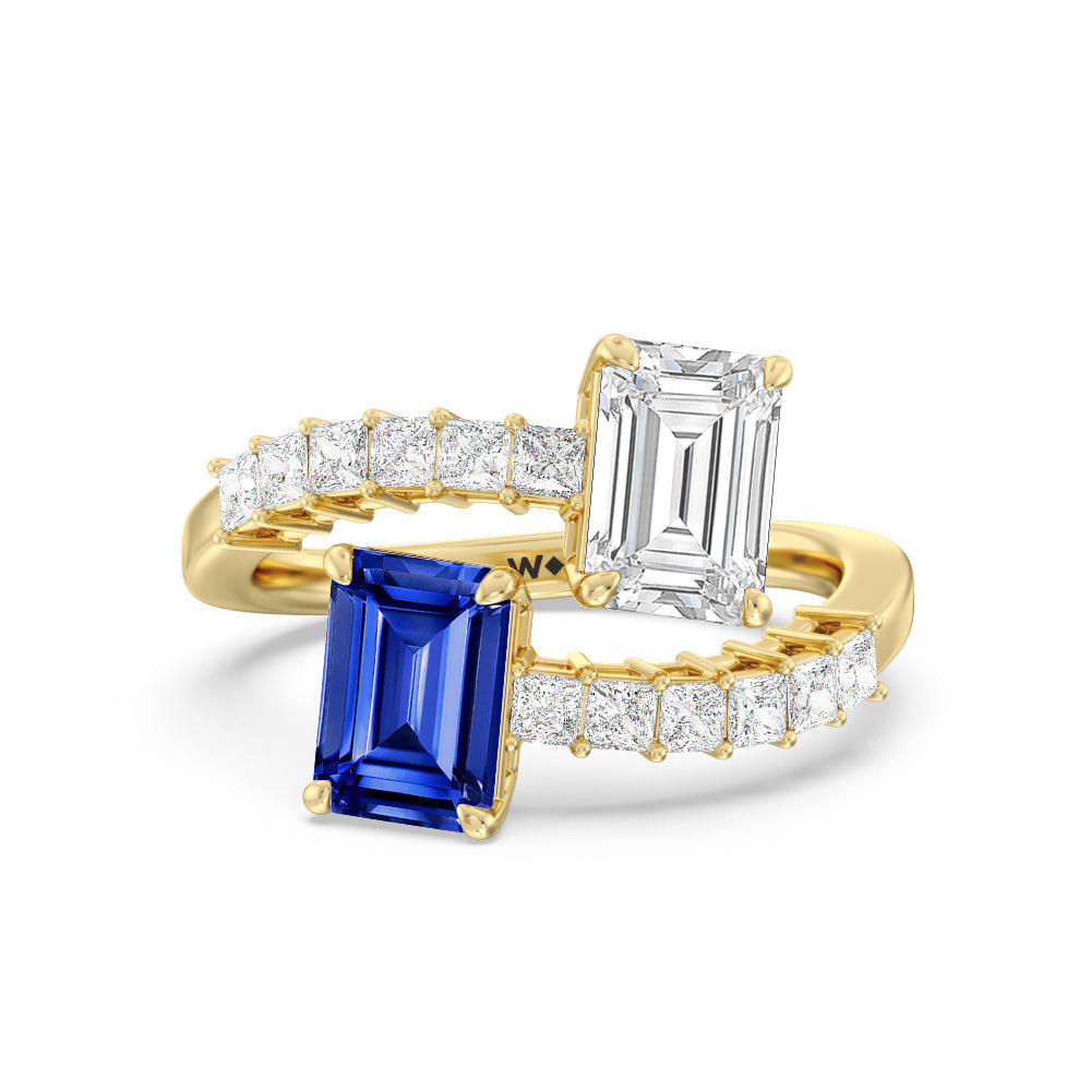Toi et Moi Bypass Created Sapphire and Emerald Studded Engagement Ring with 14KT Yellow Gold Cut Diamond in 14KT Yellow Gold view 1

