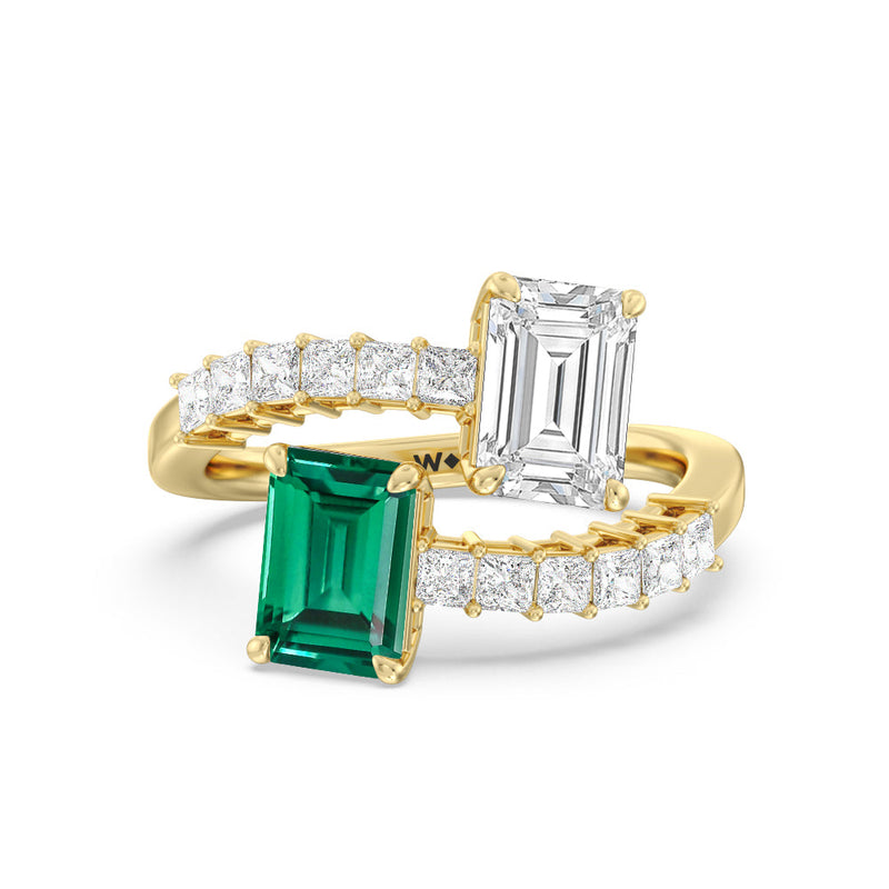 Toi et Moi Bypass Created Emerald and Emerald Shape Studded Engagement Ring