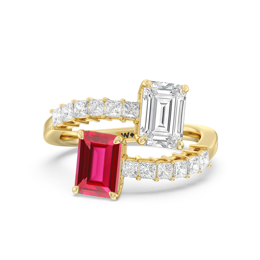 Toi et Moi Bypass Created Ruby and Emerald Studded Engagement Ring with 14KT Yellow Gold Cut Diamond in 14KT Yellow Gold view 1
