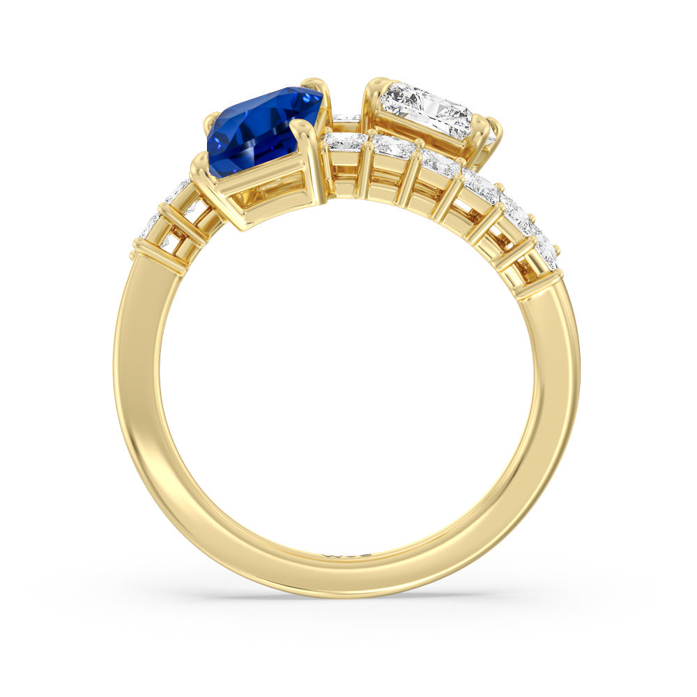 Toi et Moi Bypass Created Sapphire and Emerald Studded Engagement Ring with 14KT Yellow Gold Cut Diamond in 14KT Yellow Gold view 3
