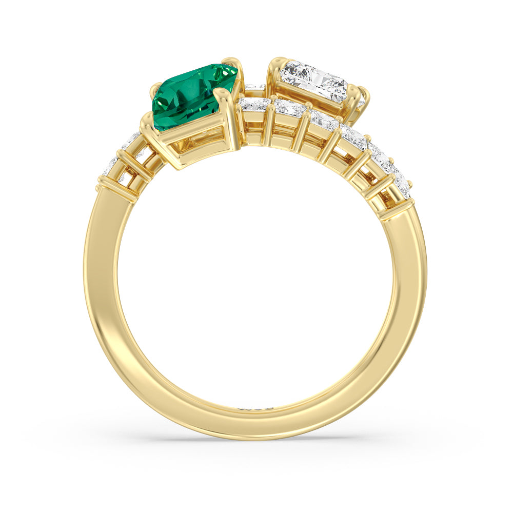 Toi et Moi Bypass Created Emerald and Emerald Shape Studded Engagement Ring with 14KT Yellow Gold Cut Diamond in 14KT Yellow Gold view 3
