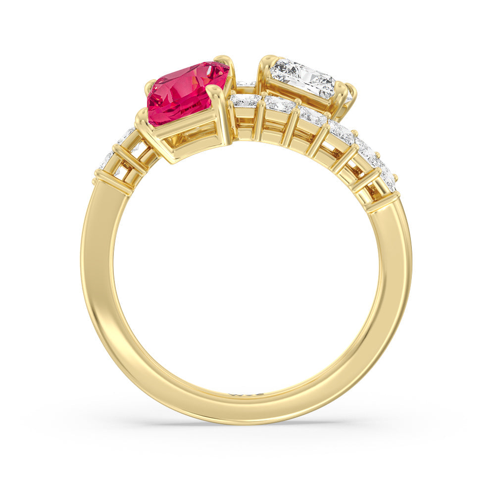 Toi et Moi Bypass Created Ruby and Emerald Studded Engagement Ring with 14KT Yellow Gold Cut Diamond in 14KT Yellow Gold view 3
