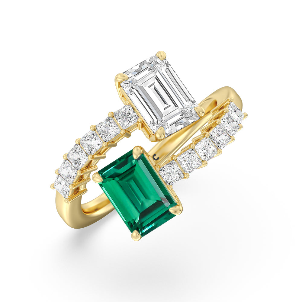 Toi et Moi Bypass Created Emerald and Emerald Shape Studded Engagement Ring with 14KT Yellow Gold Cut Diamond in 14KT Yellow Gold view 2

