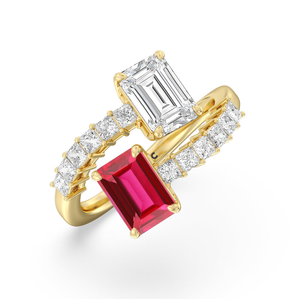 Toi et Moi Bypass Created Ruby and Emerald Studded Engagement Ring with 14KT Yellow Gold Cut Diamond in 14KT Yellow Gold view 2
