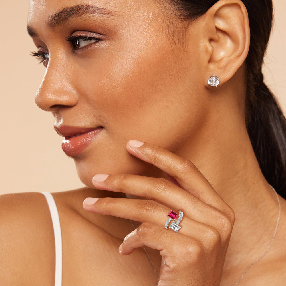 Model Wearing Toi et Moi Bypass Created Ruby and Emerald Studded Engagement Ring view