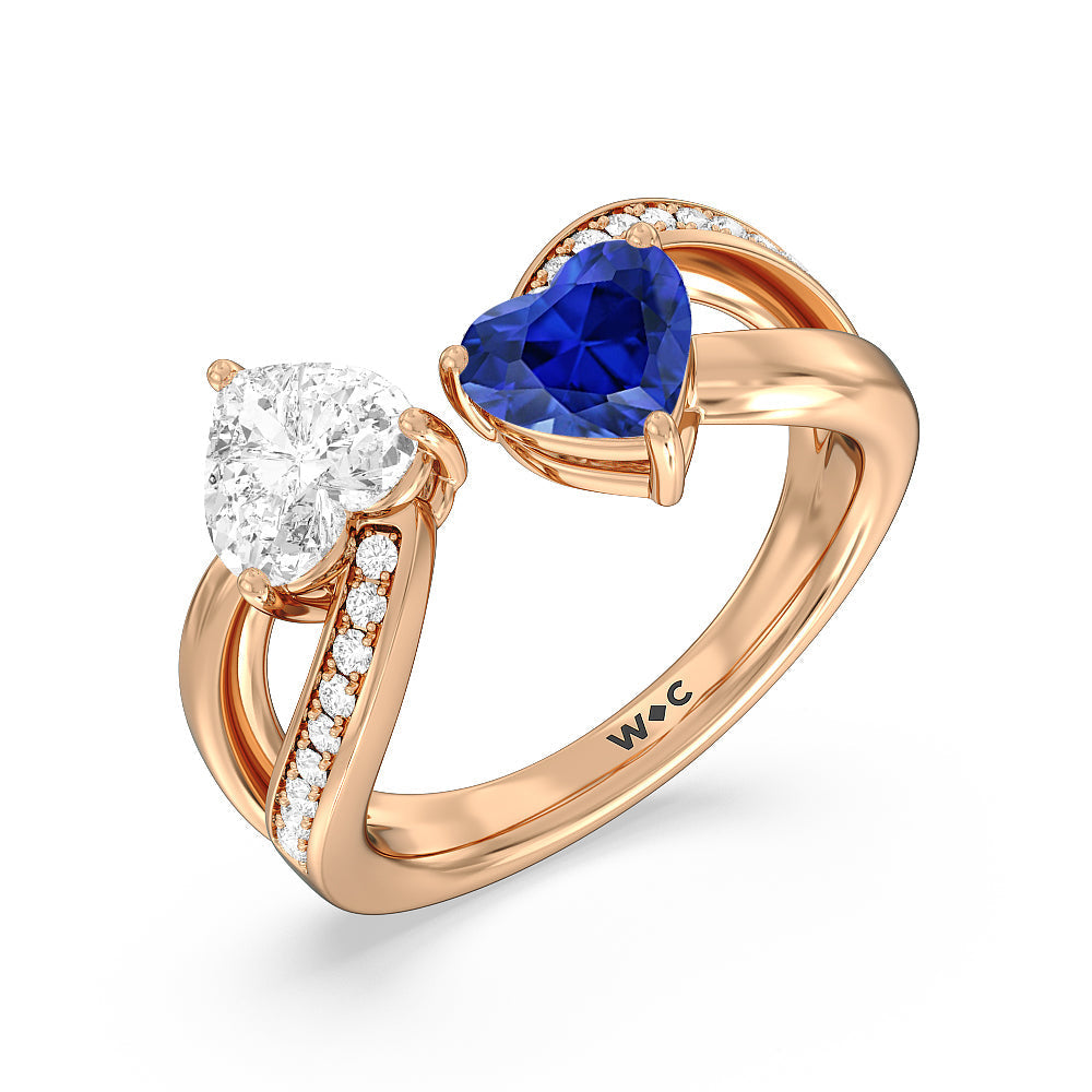 Toi et Moi Created Sapphire & Lab Diamond Heart Engagement Ring with 14KT Rose Gold Cut Diamond in 14KT Rose Gold view 2
