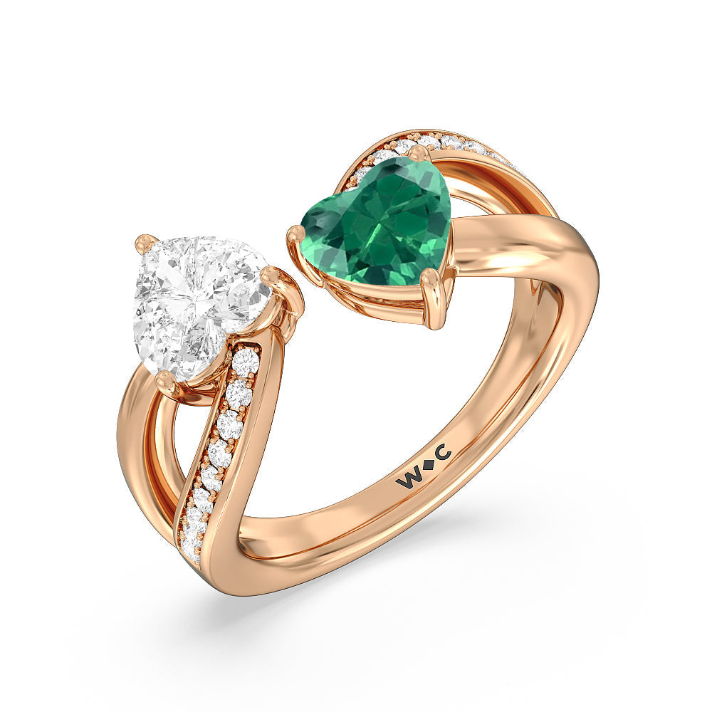Toi et Moi Created Emerald & Lab Diamond Heart Engagement Ring with 14KT Rose Gold Cut Diamond in 14KT Rose Gold view 2
