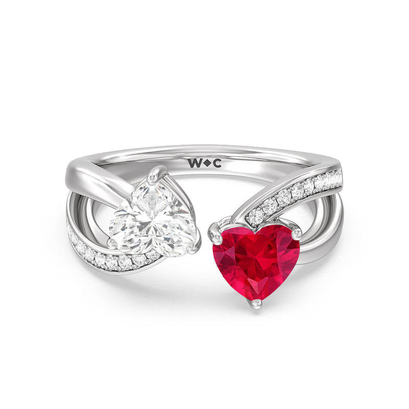 Toi et Moi Created Ruby & Lab Diamond Heart Engagement Ring
