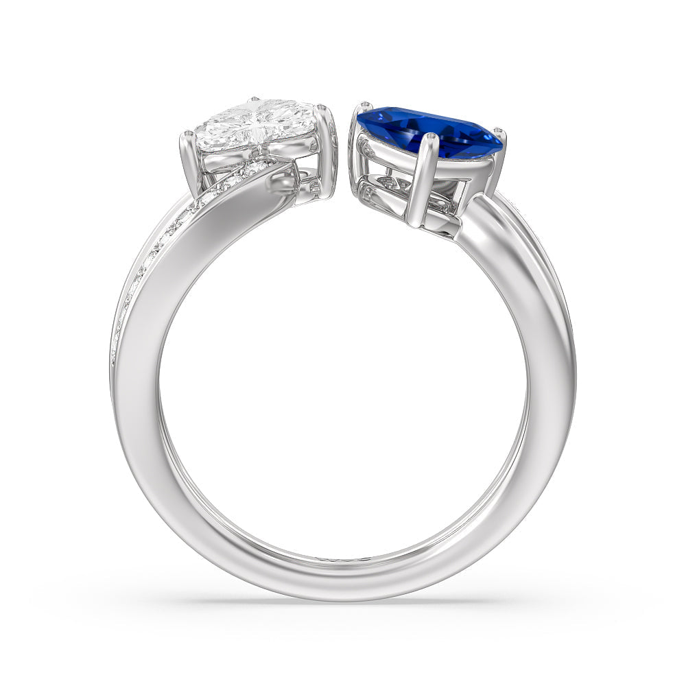 Toi et Moi Created Sapphire & Lab Diamond Heart Engagement Ring with 14KT White Gold Cut Diamond in 14KT White Gold view 3
