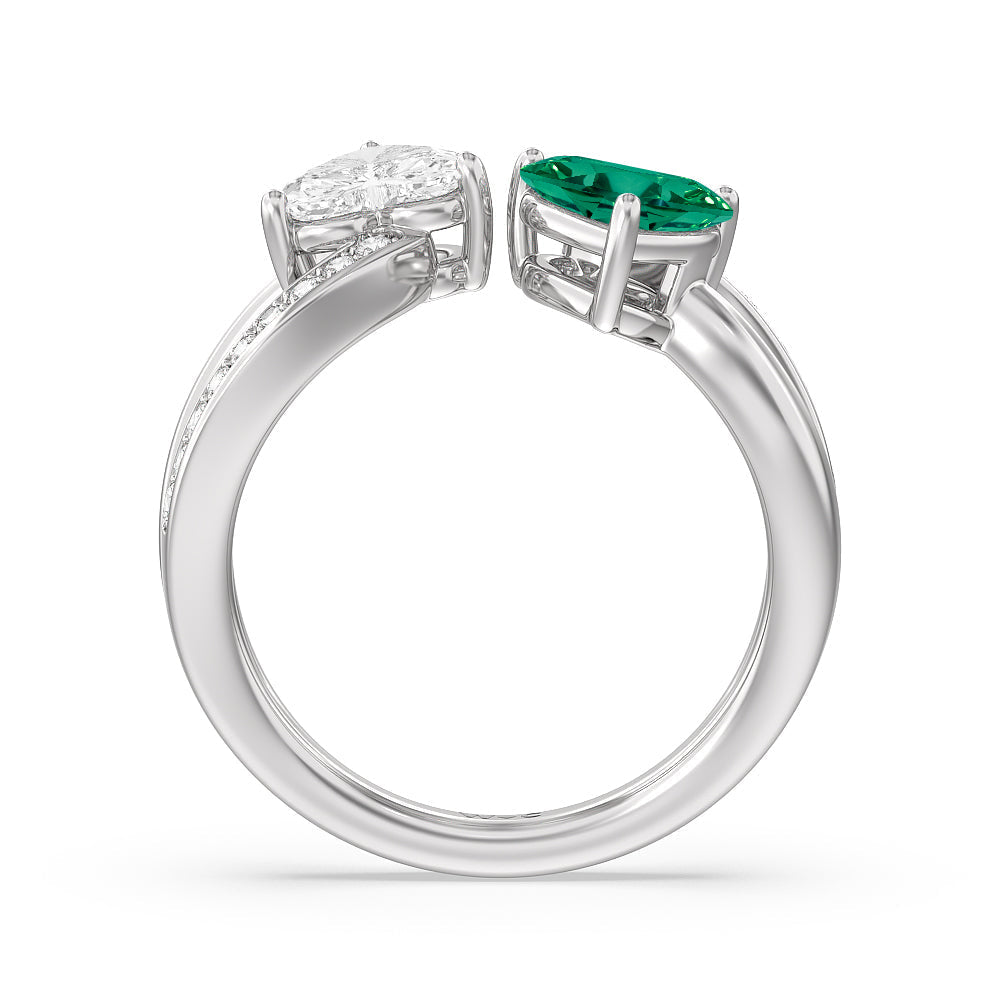 Toi et Moi Created Emerald & Lab Diamond Heart Engagement Ring with 14KT White Gold Cut Diamond in 14KT White Gold view 3
