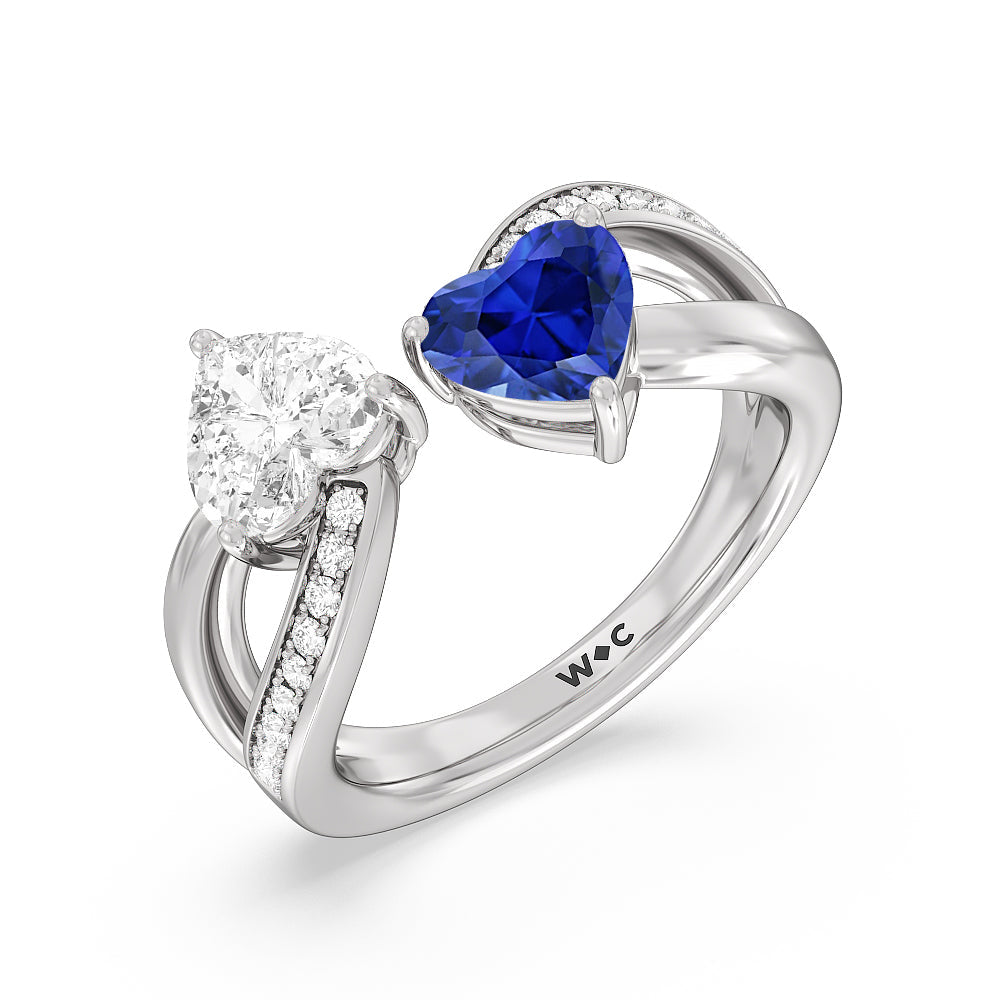 Toi et Moi Created Sapphire & Lab Diamond Heart Engagement Ring with 14KT White Gold Cut Diamond in 14KT White Gold view 2
