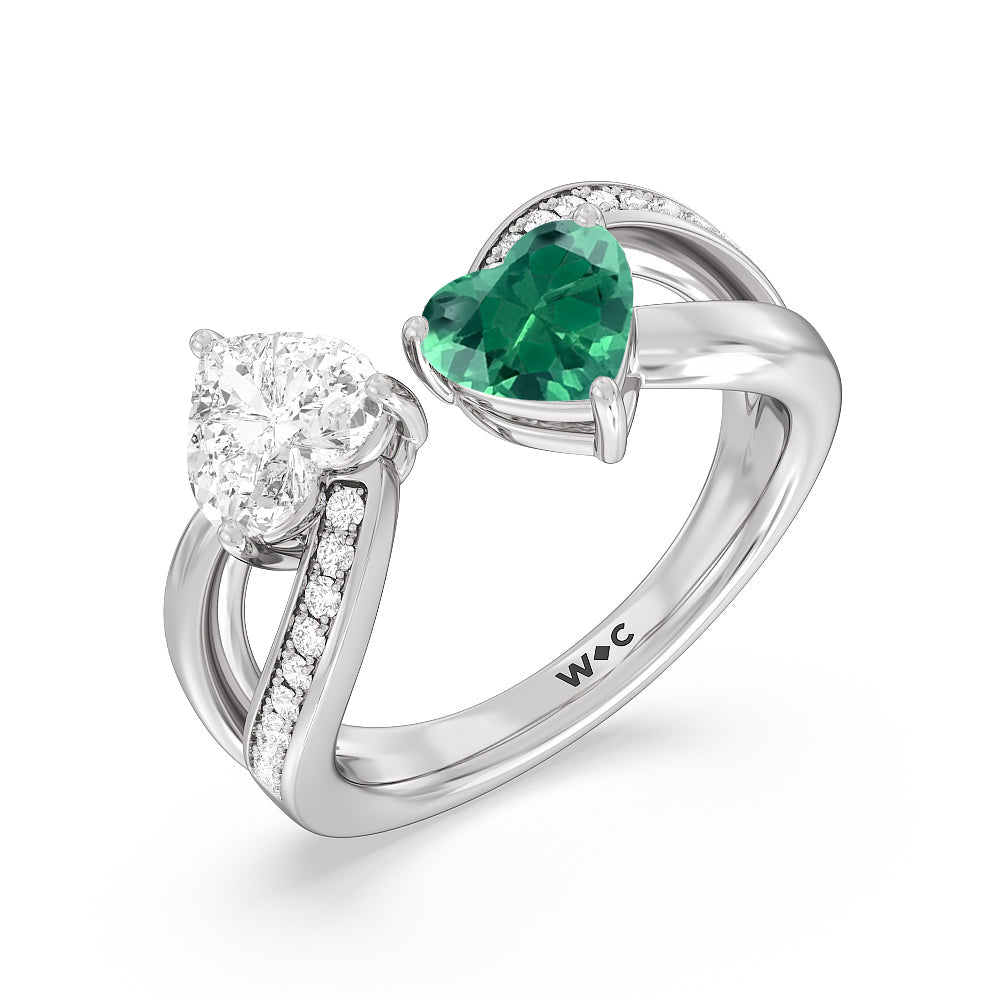 Toi et Moi Created Emerald & Lab Diamond Heart Engagement Ring with 14KT White Gold Cut Diamond in 14KT White Gold view 2
