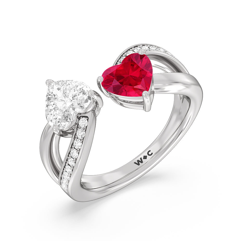 Lex & Lu 10k Yellow Gold Lab-Created Ruby & Diamond Double Heart Ring - Two Heart-Shaped Rubies With Round Diamonds