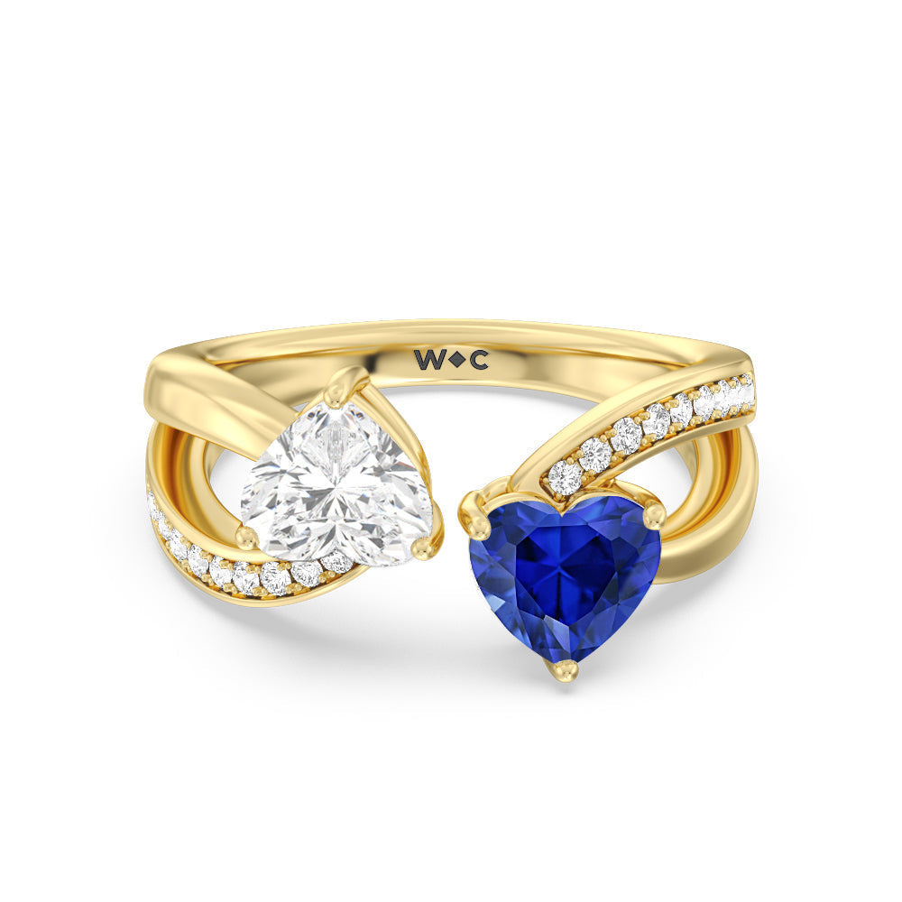 Toi et Moi Created Sapphire & Lab Diamond Heart Engagement Ring with 14KT Yellow Gold Cut Diamond in 14KT Yellow Gold view 1
