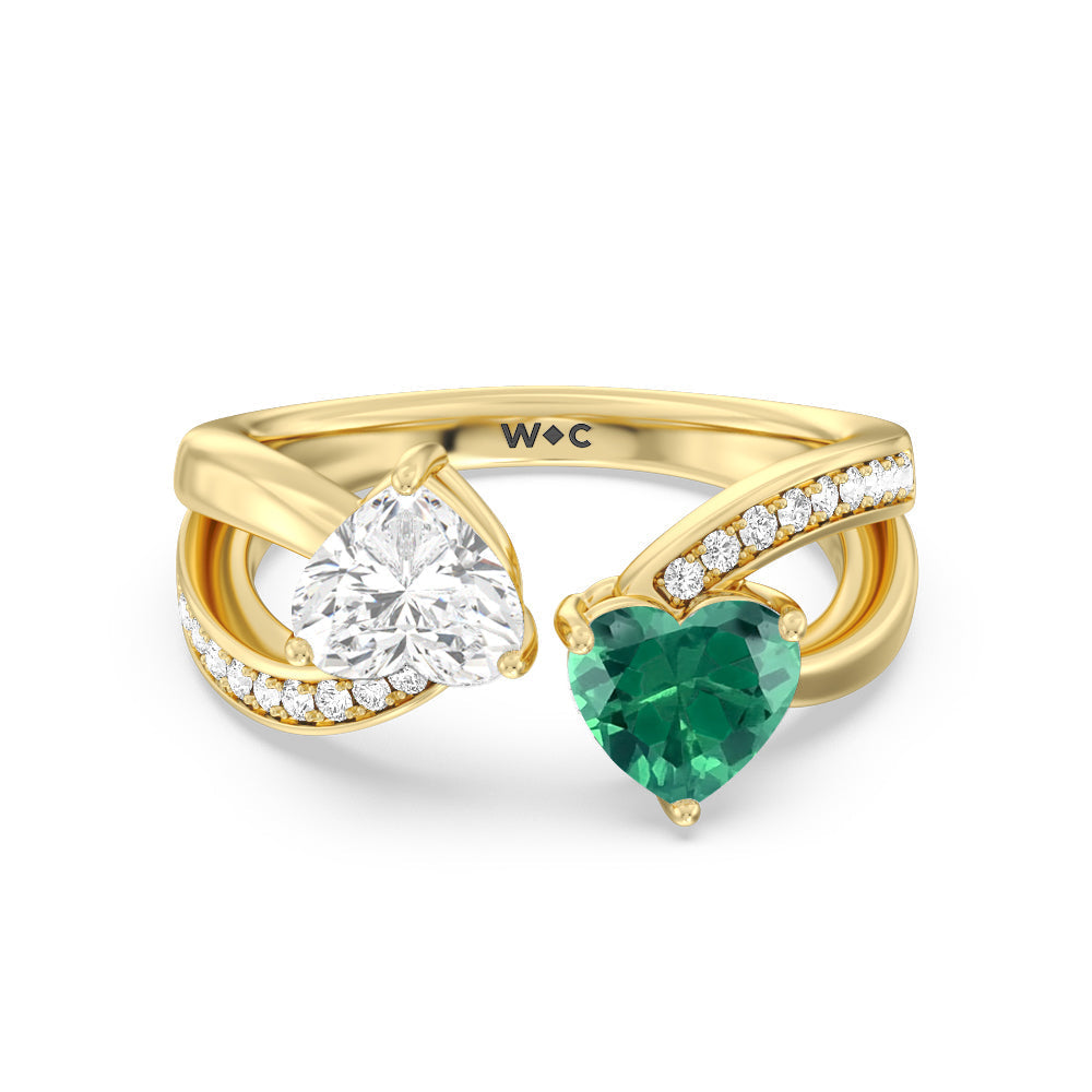 Toi et Moi Created Emerald & Lab Diamond Heart Engagement Ring with 14KT Yellow Gold Cut Diamond in 14KT Yellow Gold view 1
