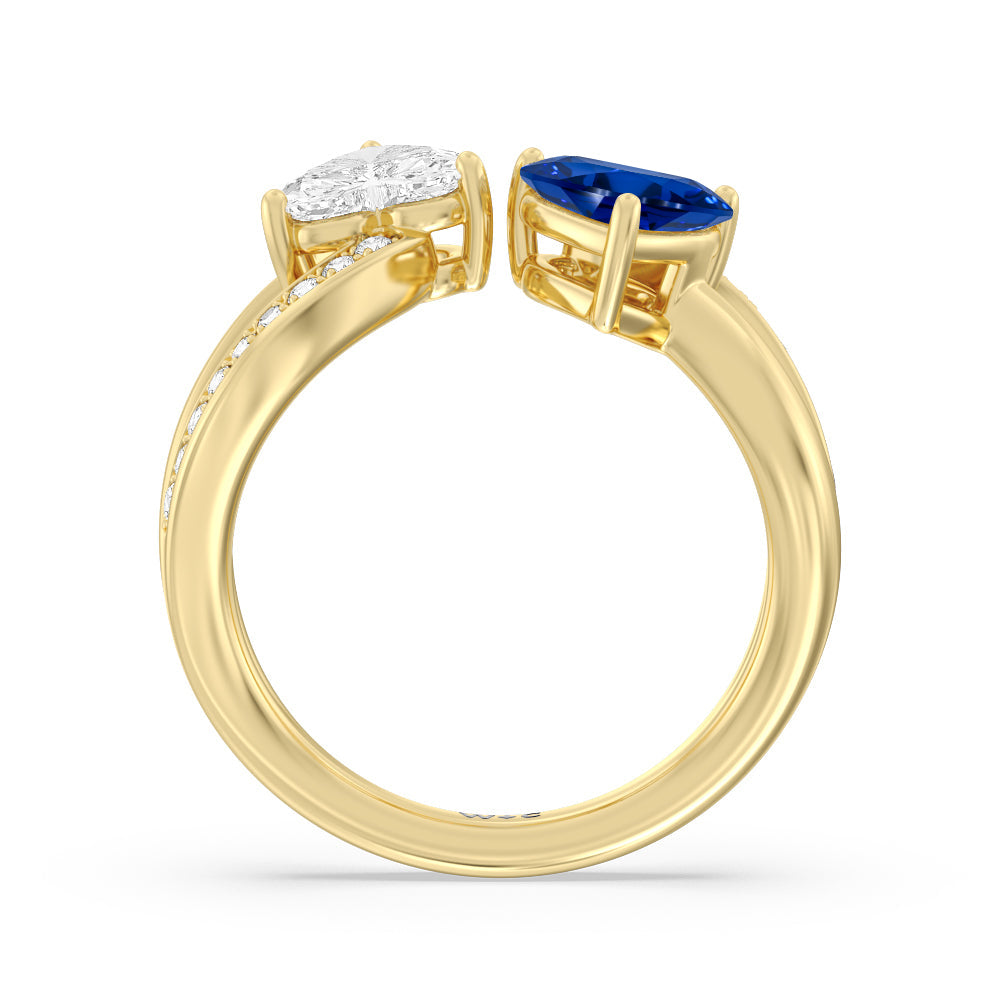 Toi et Moi Created Sapphire & Lab Diamond Heart Engagement Ring with 14KT Yellow Gold Cut Diamond in 14KT Yellow Gold view 3
