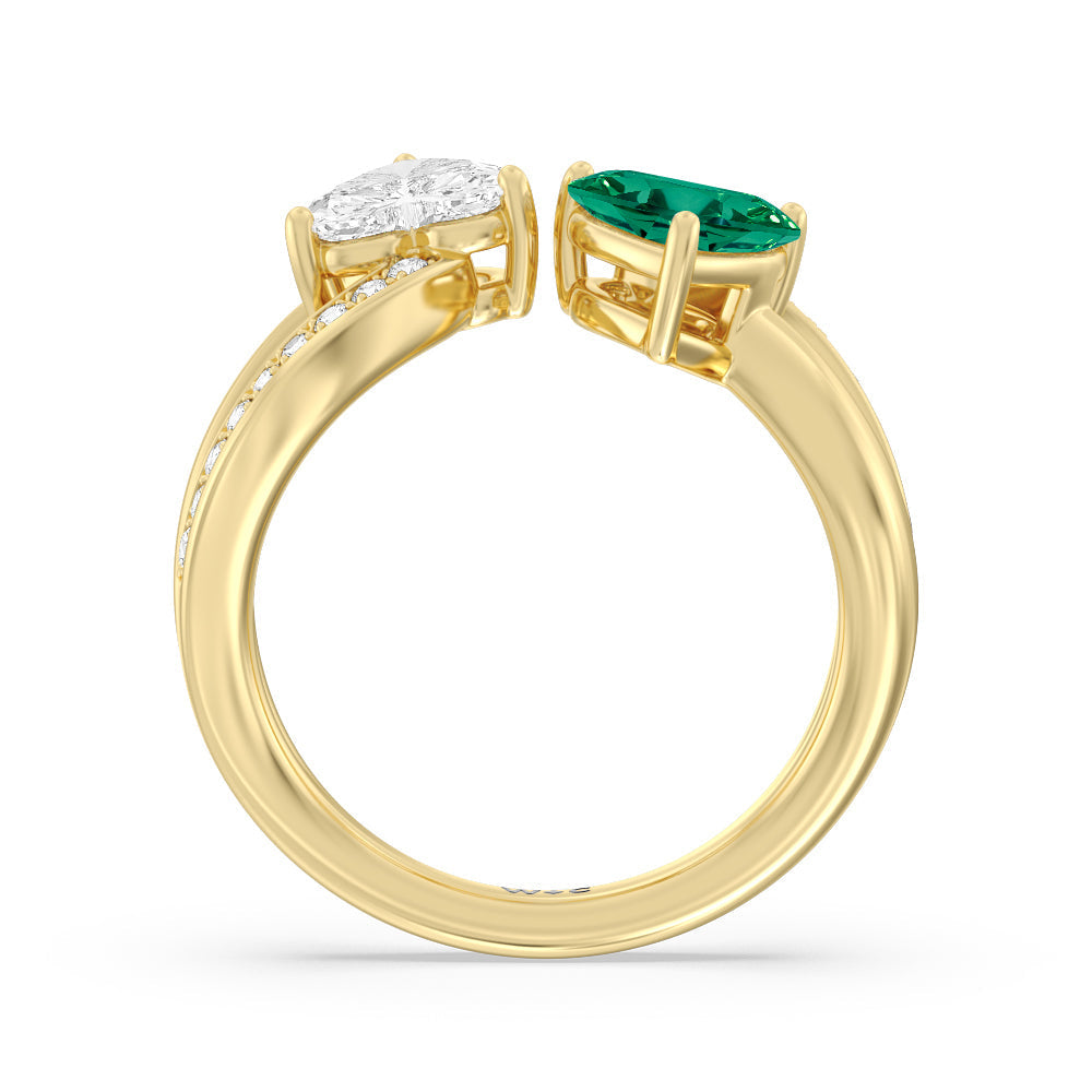 Toi et Moi Created Emerald & Lab Diamond Heart Engagement Ring with 14KT Yellow Gold Cut Diamond in 14KT Yellow Gold view 3
