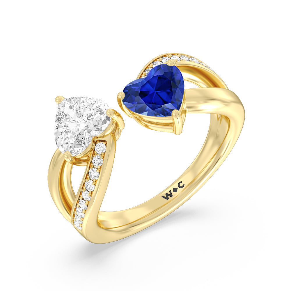 Toi et Moi Created Sapphire & Lab Diamond Heart Engagement Ring with 14KT Yellow Gold Cut Diamond in 14KT Yellow Gold view 2
