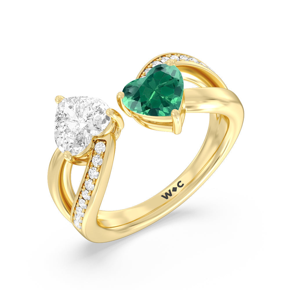 Toi et Moi Created Emerald & Lab Diamond Heart Engagement Ring with 14KT Yellow Gold Cut Diamond in 14KT Yellow Gold view 2
